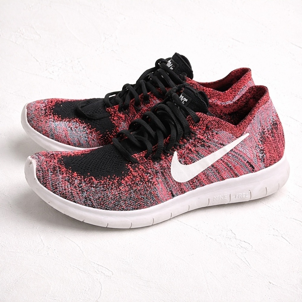 Nike Free RN Flyknit Red Black Running Shoes Lightweight Trainers 7